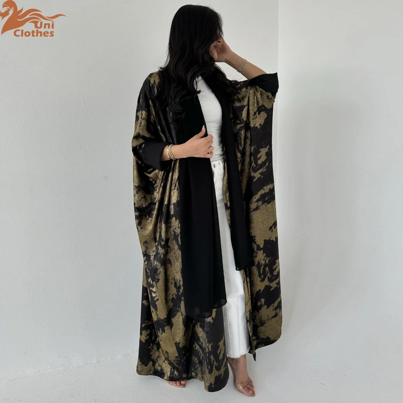 Abaya-Cardigan Imprimé Marocain et Islamique pour Ramadan, Veste du Moyen-Orient, Dubaï, Estampage Or