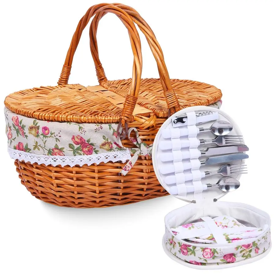 

Корзина для пикника с ручкой, 15, большая корзина для пикника со съемной подкладкой на крышке, винтажная корзина ручной работы с набором столовых приборов для P