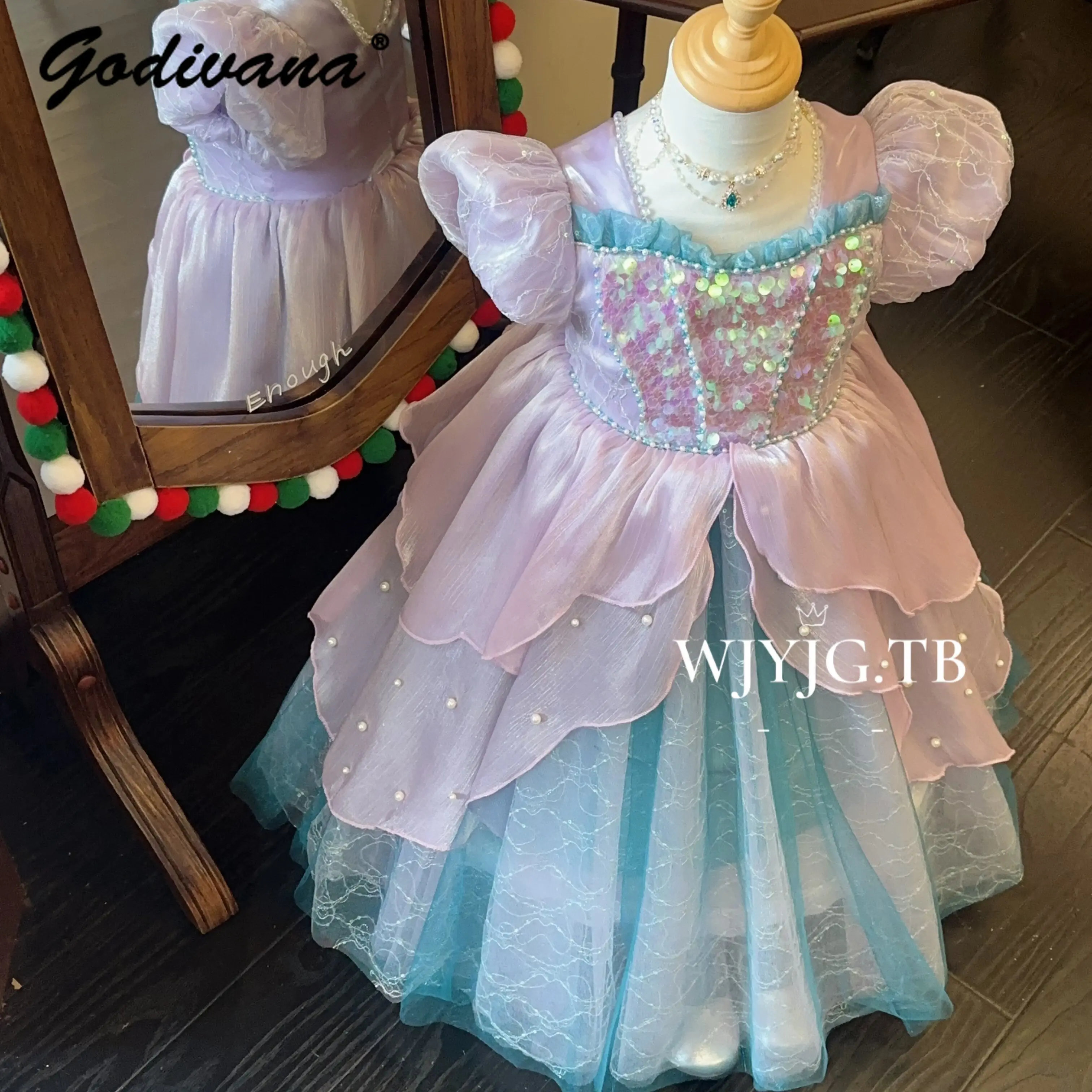 2026 New Summer Baby Girls Sweet Mermaid Princess Dress Kids High End Heavy Court Gown Sequin Mesh Birthday Party Tutu Dress