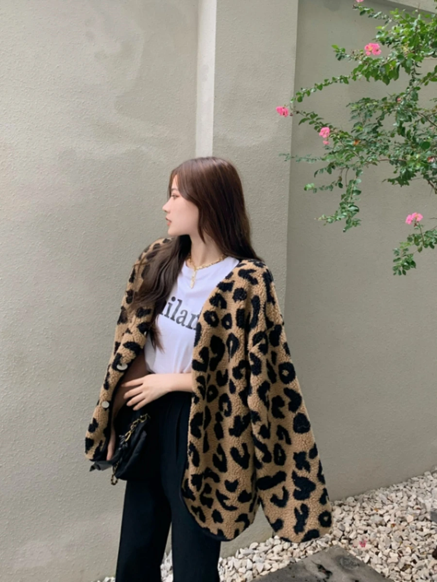 

Chic Lamb Fur Coat Loose Long Sve Leopard Print Women's Spring Autumn Top Street Sle Commute Ele Lady Straight Cut