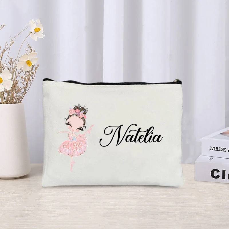 Cute Cartoon Makeup Bag Travel Cosmetic Organizer Custom Name Side Bag for Ladies Gift Eco Canvas Purse Women Trendy Handbag