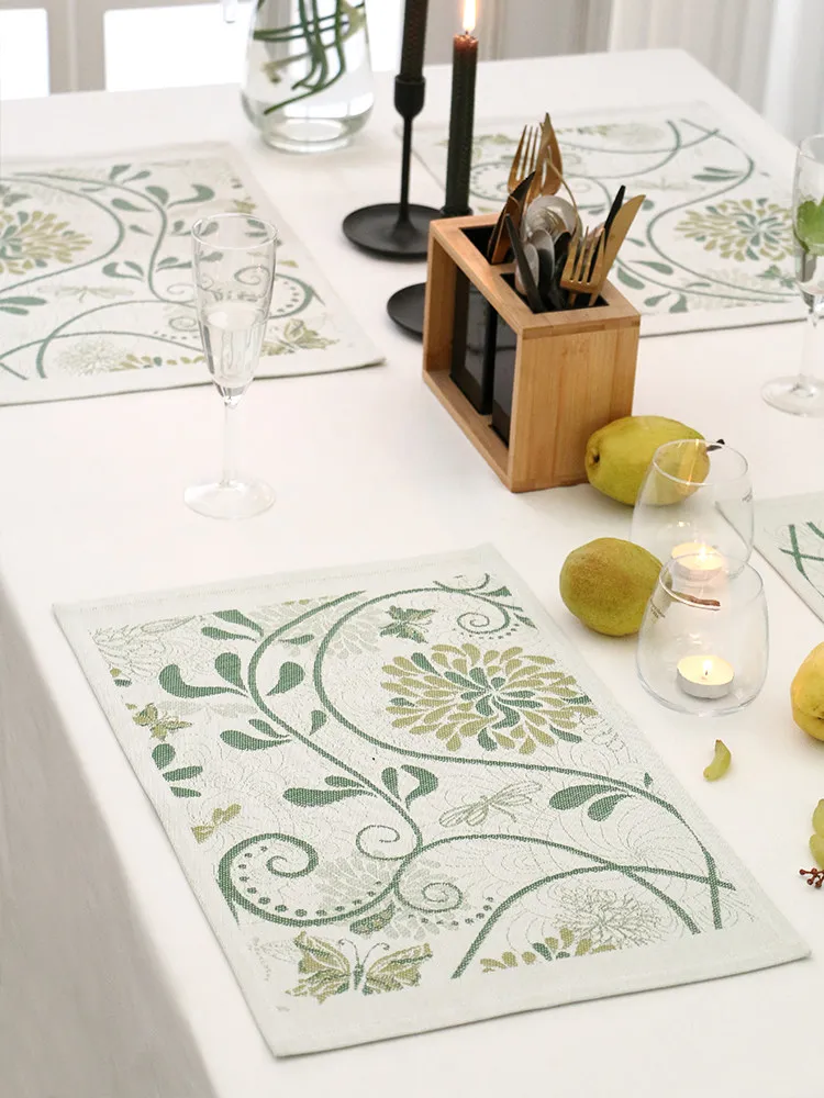Retro Green Floral Jacquard Pure Cotton Place Mats, Luxury Woven Fabric Dining Placemats, Elegant Farmhouse Style Table Decor