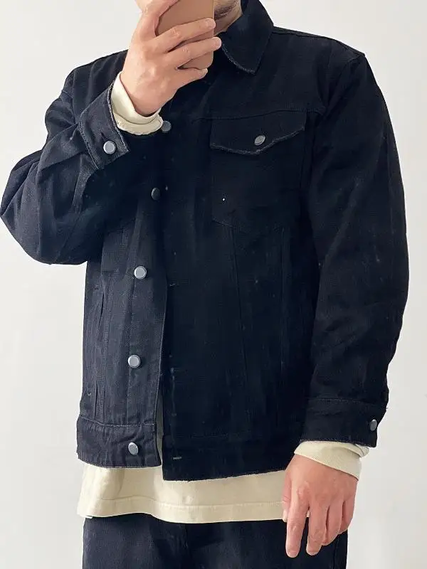 Okayama Vintage Heavyweight Black Denim Jacket Dirty Fit Frayed Ripped Youth Fashion for Teens Spring Autumn Winter Wear