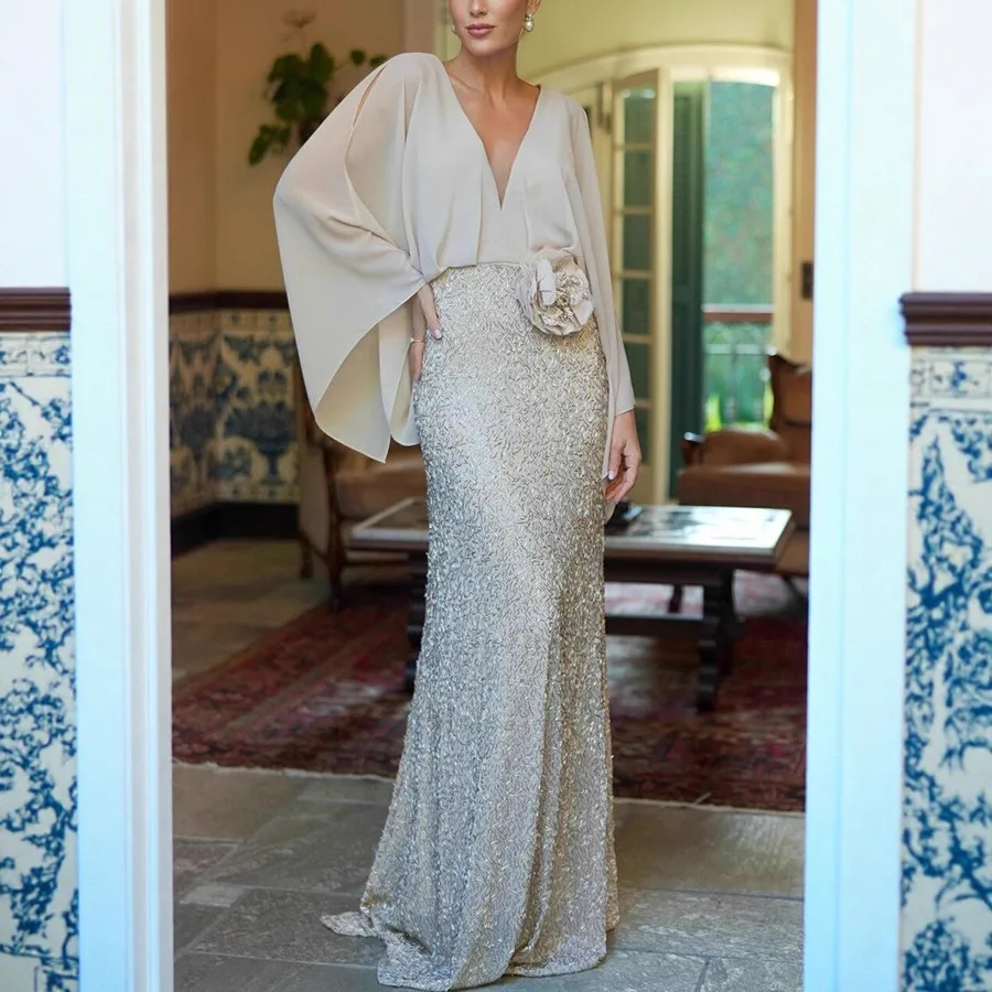 

Temperament Elegant Women's Evening Dress Fashion Solid Color 3D Flowers Chiffon Patchwork Sequin Party Prom Dresses Socialite