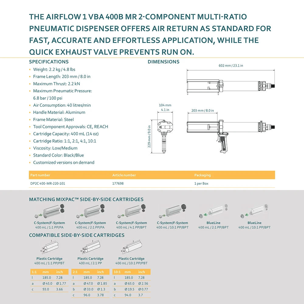 Sulzer COX VBA 400B MR A 2 액형 공압 디펜서 접착제 코킹 건, 400mL 1 & 2 & 4 & 10:1