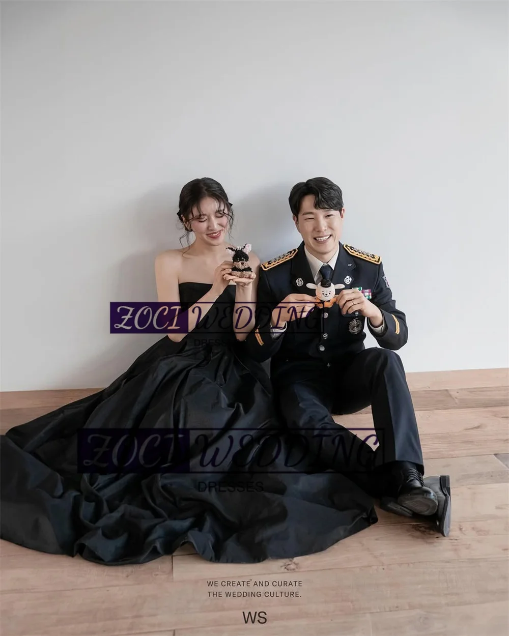 Zoci Vintage Black Korea Evening Dresses Strapless A Line Customized Wedding Photos Shoot Dress Satin Bridal Reception Dress