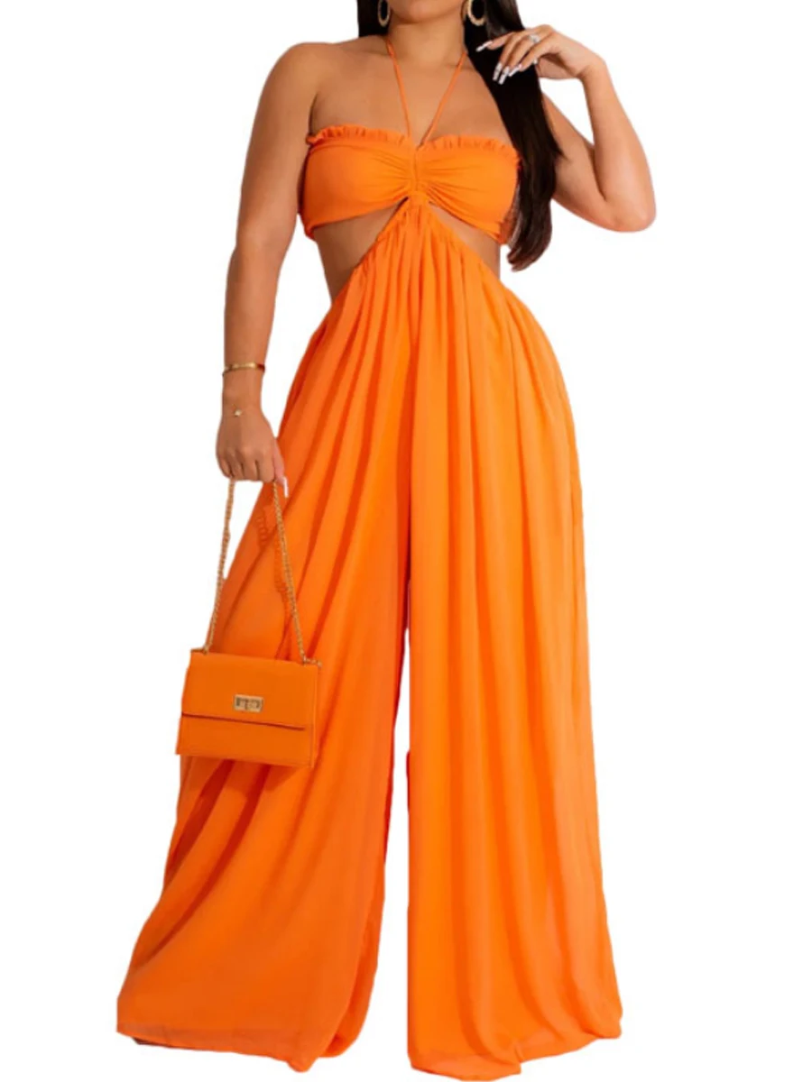 

Женский комбинезон свободного кроя с широкими штанинами, однотонный, с открытой спиной и завязками на шее