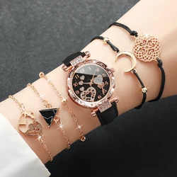 6PCs/Set Women's Fashion Watch Round Multi heart Dial Leather Strap Quartz Watch with Black Triangle Bracelet