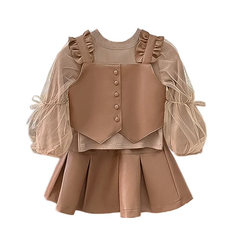 2024New Girls\' Autumn Western Style Little Girls\' Leather Two-Piece Suit Fashionable Children\'s Bottoming Shirt Trendy