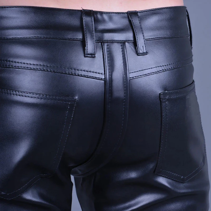 Men\'s Black Matte Faux Leather Slim Straight Pants Male Exotic Zip Open-crotch Pleated Pencil Trousers Motorcycle Pant Style