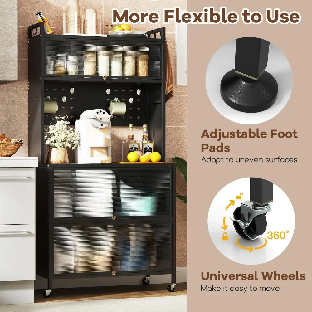 5-Tier Rolling Kitchen Baker's Rack with Wheels, Microwave Stand, Flip Door Cabinets, Pegboard Hooks, Adjustable Storage Solutio