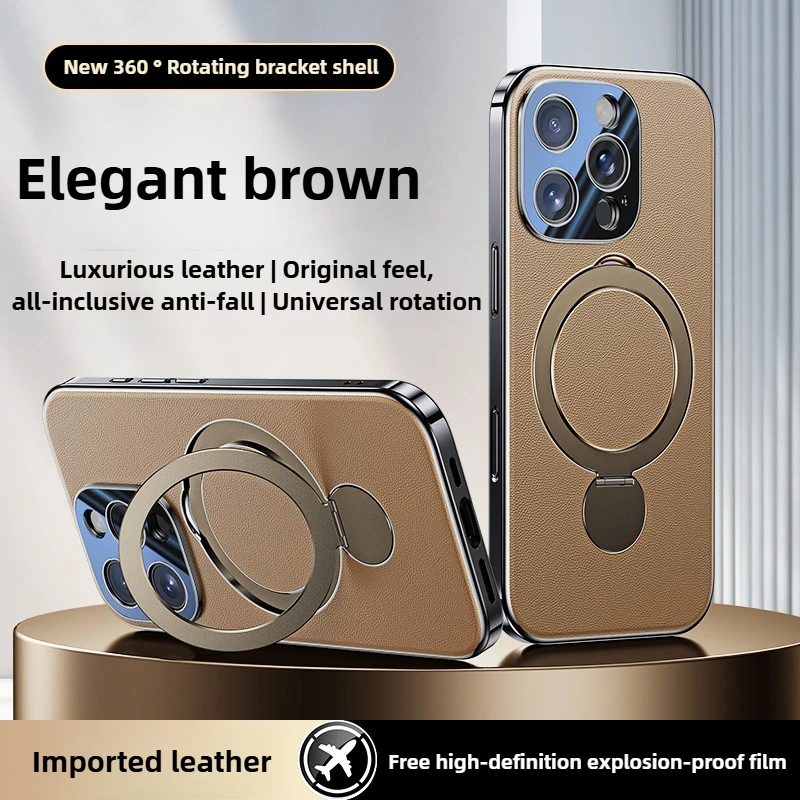 

2025 New Genuine Leather for iPhone 16 Pro Max Case Photography Buttons All Inclusive Magnetic Swivel Stand Case for iPhone16Pro