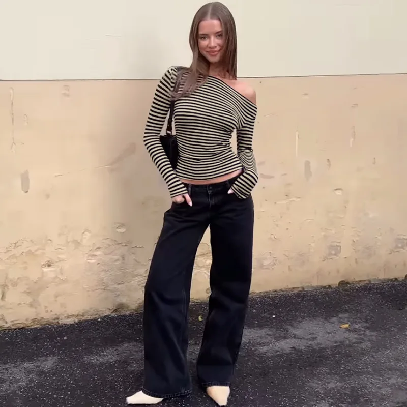 جودة عالية الساخن بيع بالجملة المتناقضة مخطط قطري تي شيرت بياقة الخريف جديد الداخلية أسفل قميص علوي المرأة Y2K #5