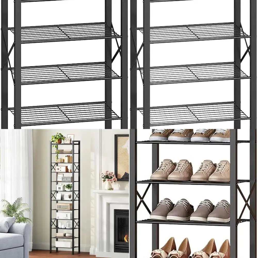 

12-уровневый тонкий органайзер для обуви, высокая полка для хранения вещей на 12–24 пар, деревянная верхняя часть, компактный металлический каркас, идеально подходит для прихожей, черный