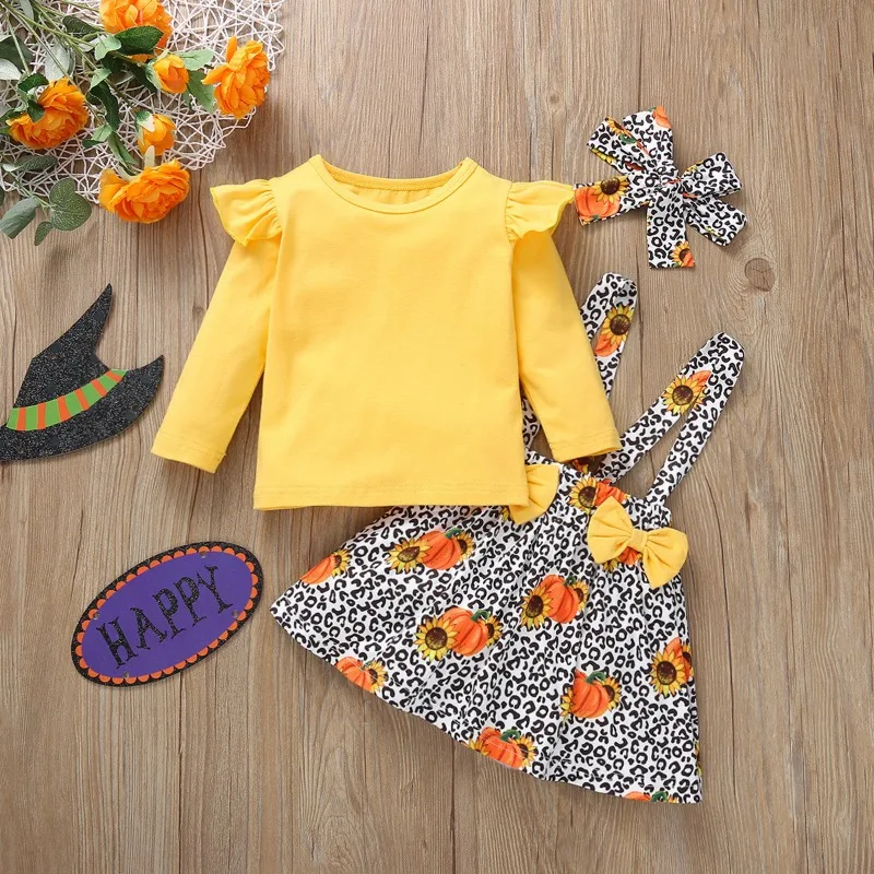 Infant Baby Girls Halloween Romper Outfit Yellow Ruffle Top Leopard Pumpkin Print Suspender Dress With Bows Set 0 24M