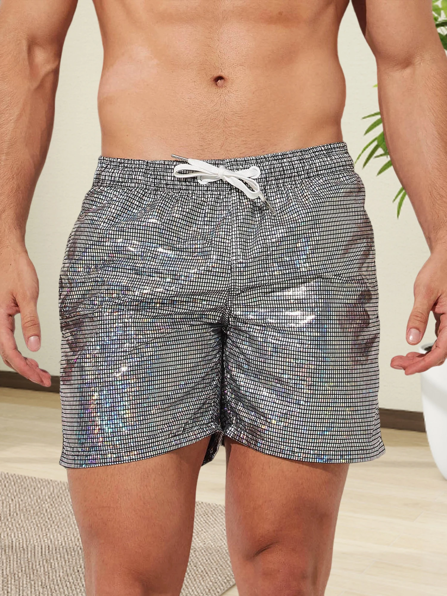 メンズカジュアル弾性ウエストショーツ、光沢のあるスパンコールのディテールが夏の休暇やビーチの日を完璧にフィットします。