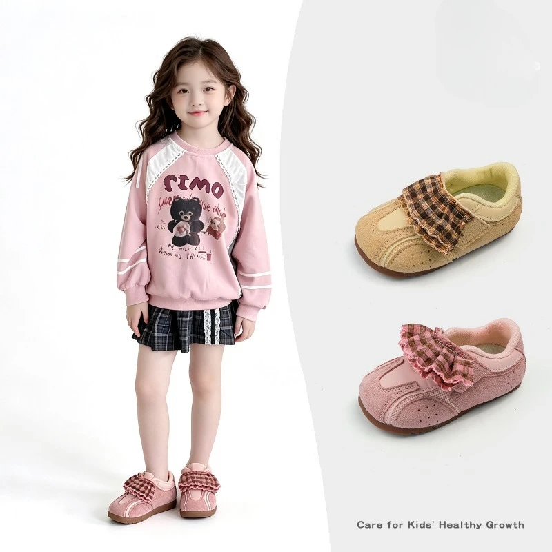 Toddler Girls Sneakers Plaid Ruffle Strap Children School Causal Shoes Suede Non Slip Sole Kids Fashion Walking Shoes Hook Loop