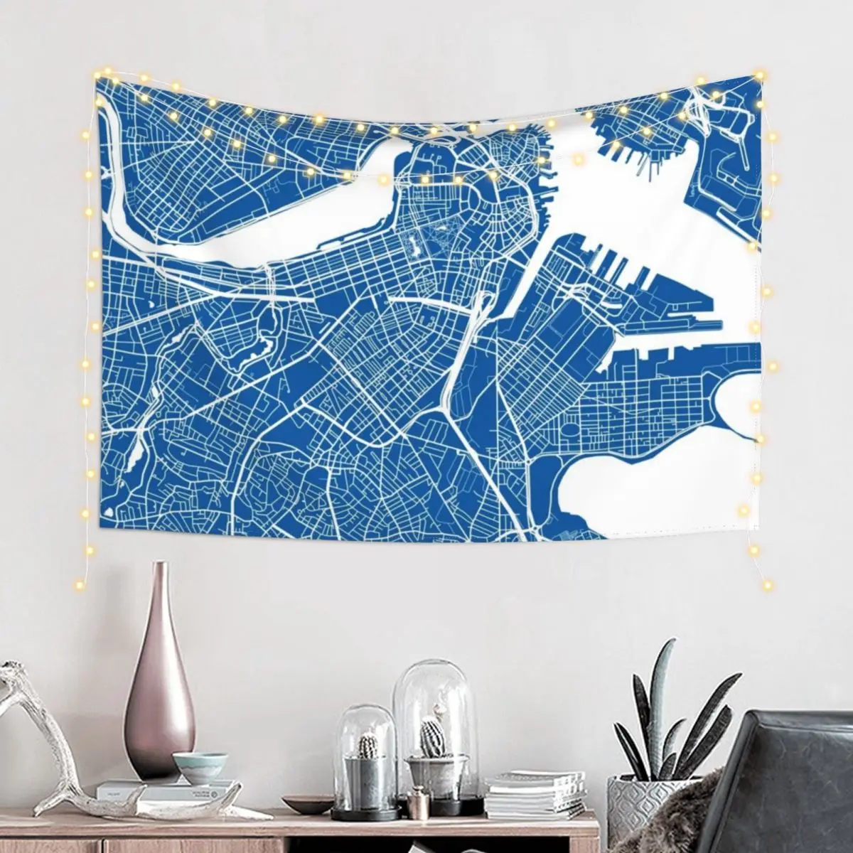 Boston Map - Deep Blue Tapestry Japanese Room Decor Room Decore Aesthetic Bedroom Organization And Decoration Tapestry