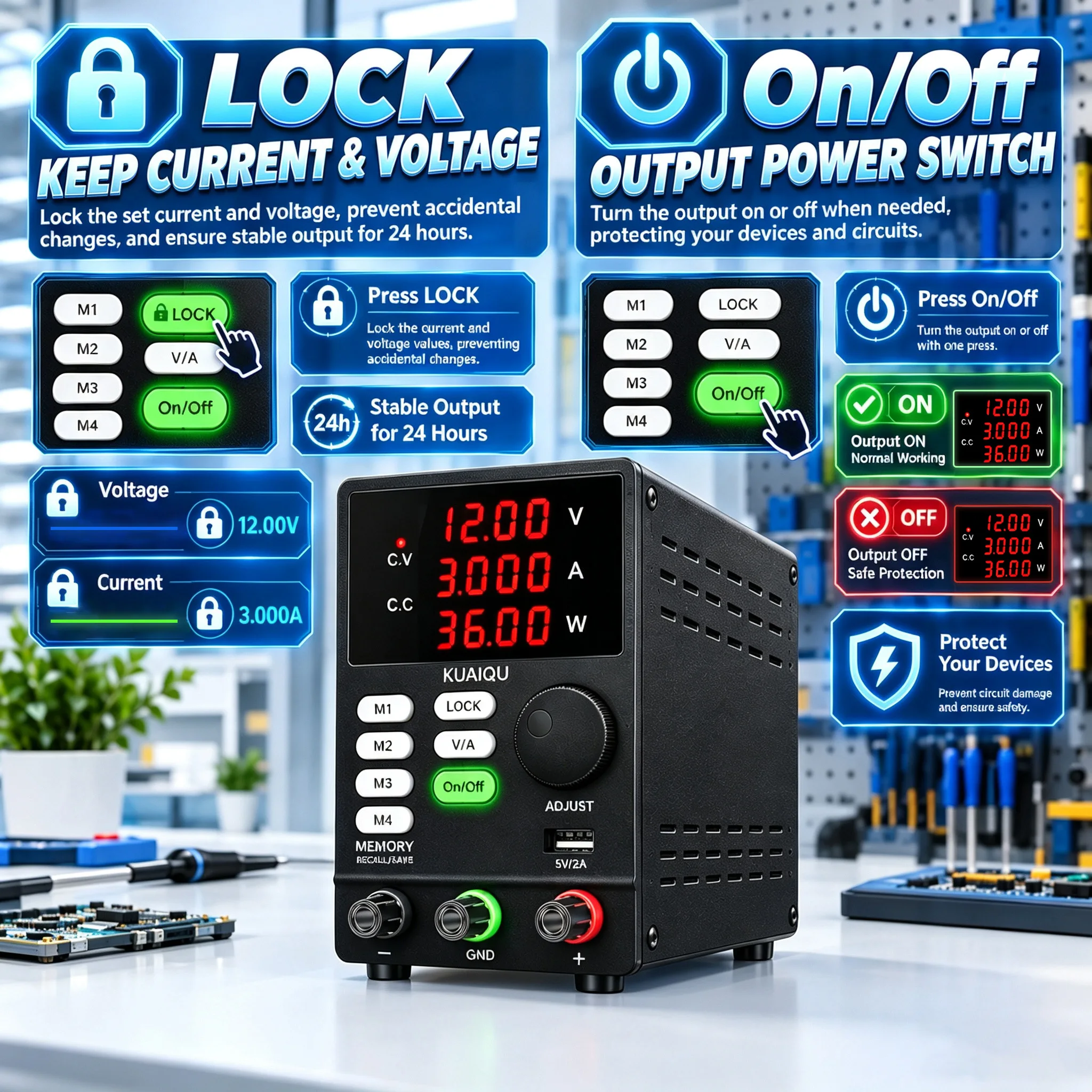 KUAIQU DC-Labornetzteil, hochpräziser, einstellbarer Spannungsregler mit 5V, 12V, 18V, 24V, 30V, 48V, 60V, 72V, 120V, Tischnetzteil – Detail 6
