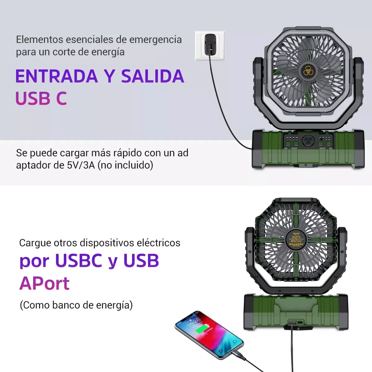 Ventilador de Camping con batería, linterna LED de luz, 20000mAh, recargable, portátil, con gancho giratorio de 360 °, ventilador de mesa USB