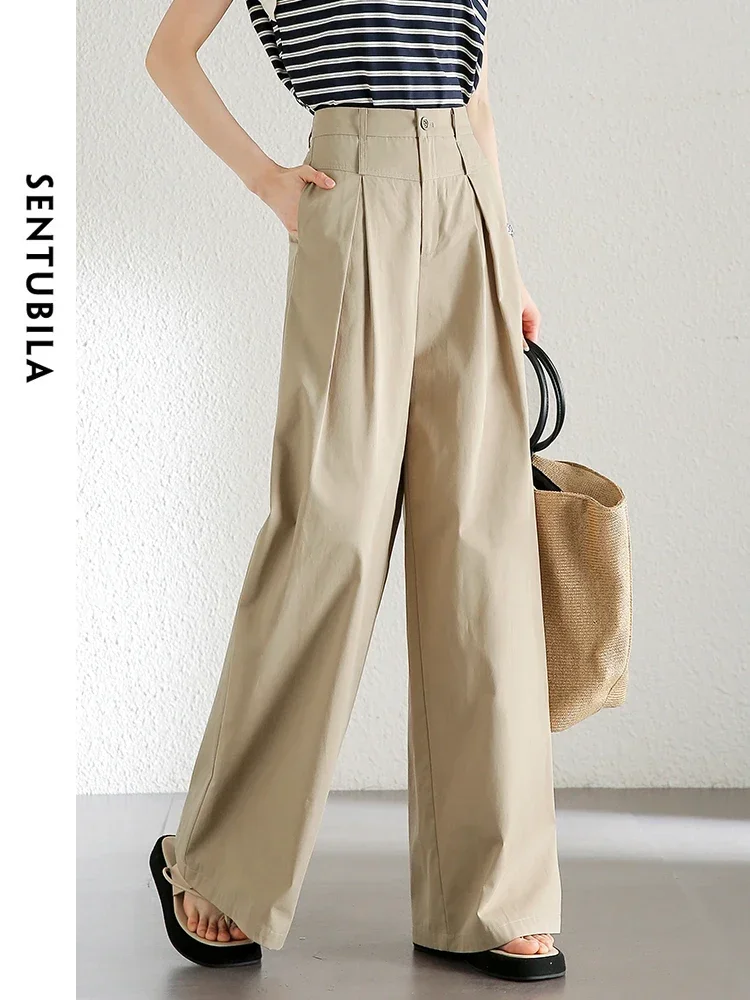 SENTUBILA 100% Cotton Comfortable Wide Leg Pants Women Trouser 2024 Summer Simple Casual Loose Thin Elastic Waist Pant 142K54814