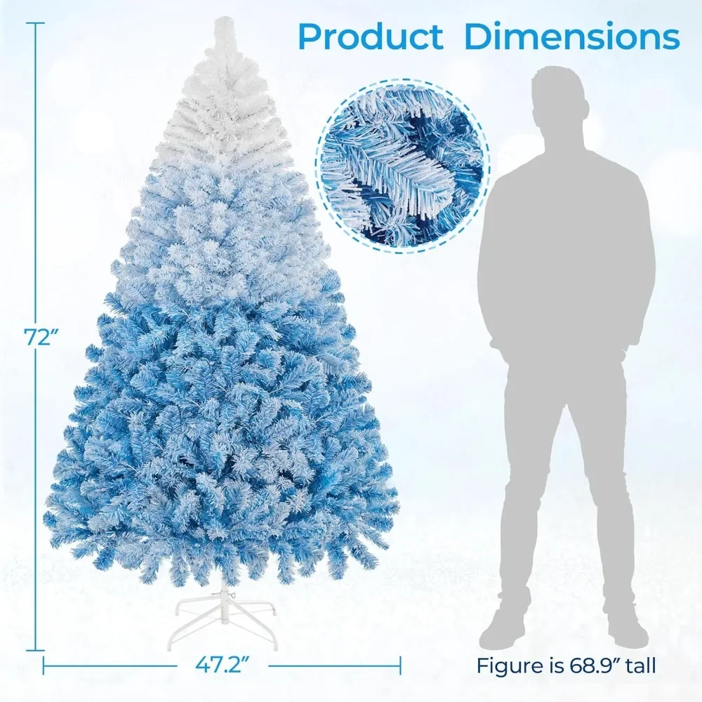 Snow Flocked Full Prelighted Xmas Tree with Branch Tips & Foldable Stand Incandescent Warm White Lights, Lake Blue Gradient