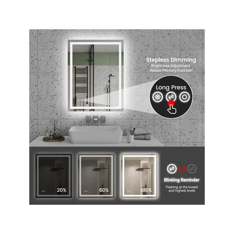مرآة حمام LED مقاس 28 × 36 بوصة، مضاءة أمامية وخلفية، 3 ألوان قابلة للتعديل، ذاكرة سطوع، مرآة زينة مضادة للضباب #4
