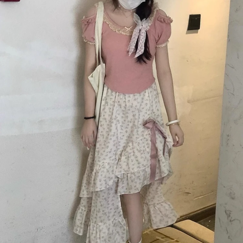 Japanese Original New Women's Clothing 2025 Summer Irregular Bow Long Dress Lace-up Floral Sweet Cute Versatile Skirts Ladies