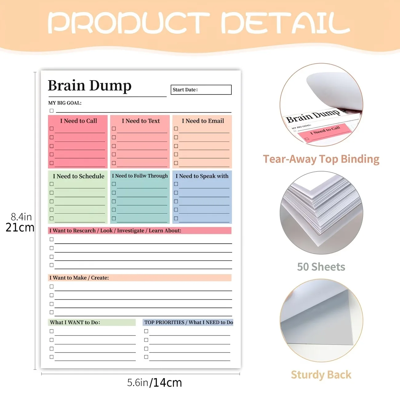 Tear-off A5 To Do List Notebook 50 Sheets Daily Task Planner Brain Dump Organizer Journal