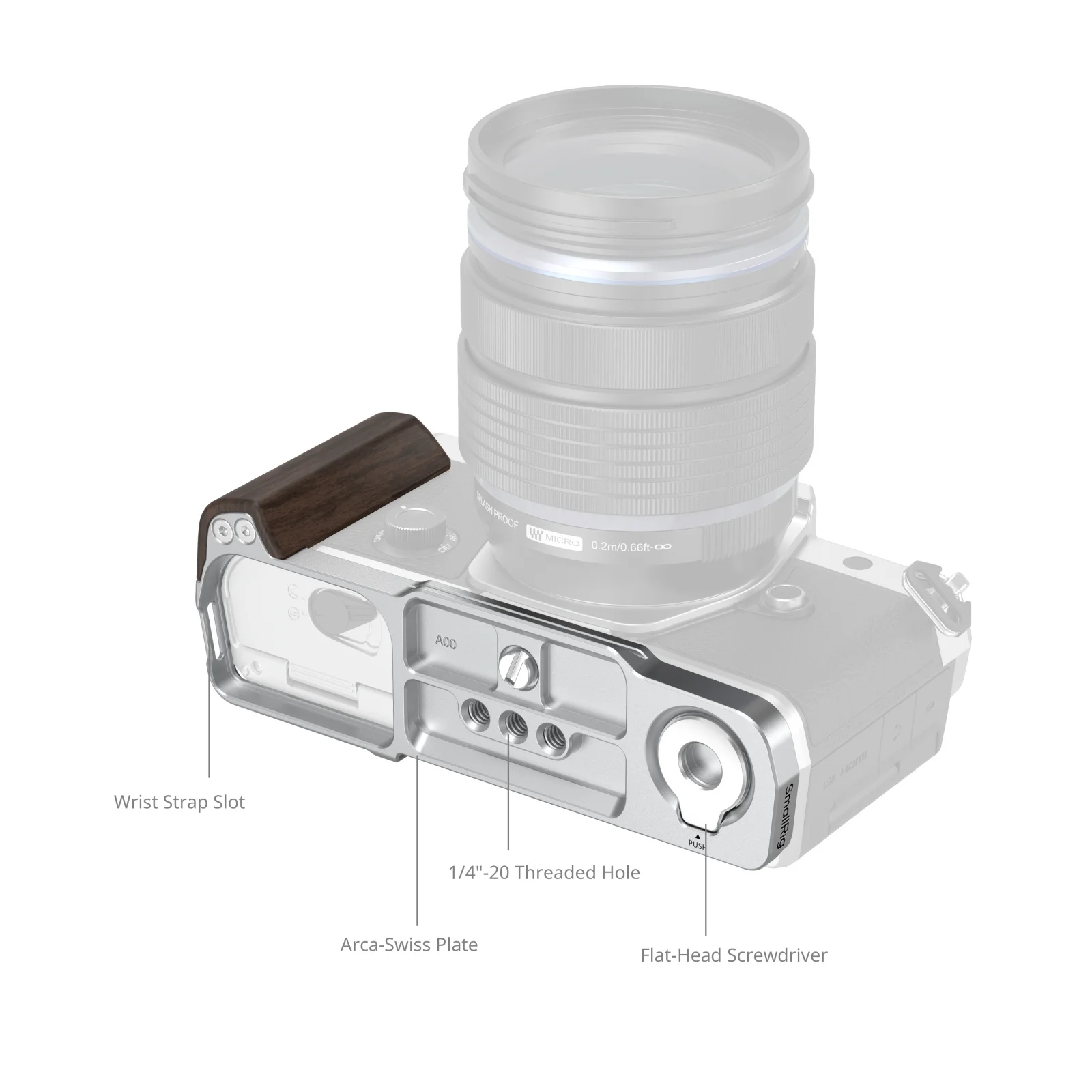 SmallRig 5563 OM-3 L-Shaped Mount Plate with Wooden Handle for OM SYSTEM OM-3 Built-in Arca-Swiss Quick Release Plate only 62g