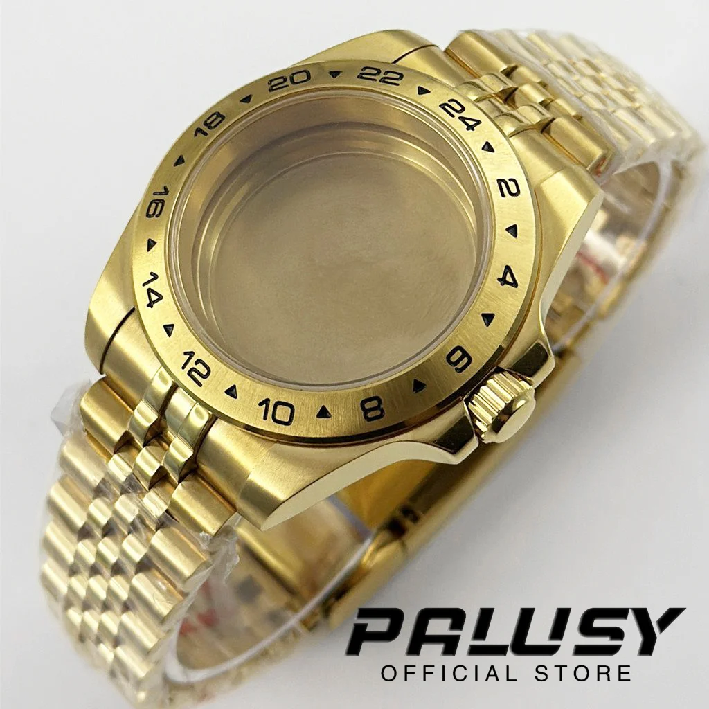 Ouro 40mm exp 24 horas gmt preto moldura fixa caixa de relógio sólido glide lock fecho vidro safira para nh34 nh35 nh36 eta2824 movimento