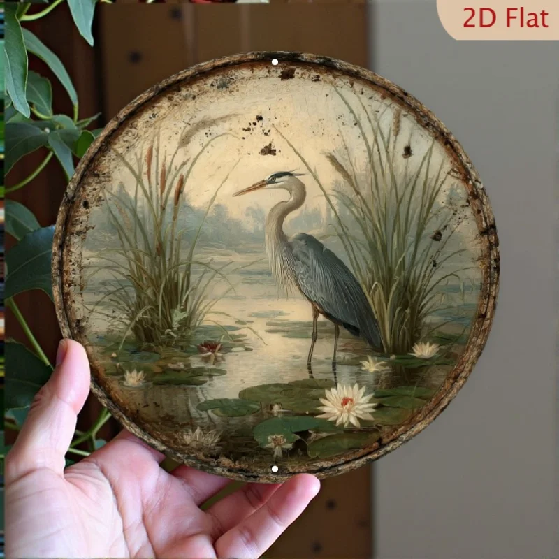 2D Flat, 1pc Vintage-Inspired Elegant Heron Aluminum Wall Art - 8x8 Inch Weather-Resistant Metal Sign with Serene Water Lilies &