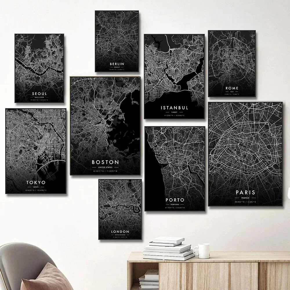Lisboa nórdica, Porto, Estambul, Roma, París, Londres, mapa de la ciudad, póster impreso, cuadro sobre lienzo para pared oscura, decoración del hogar para sala de estar