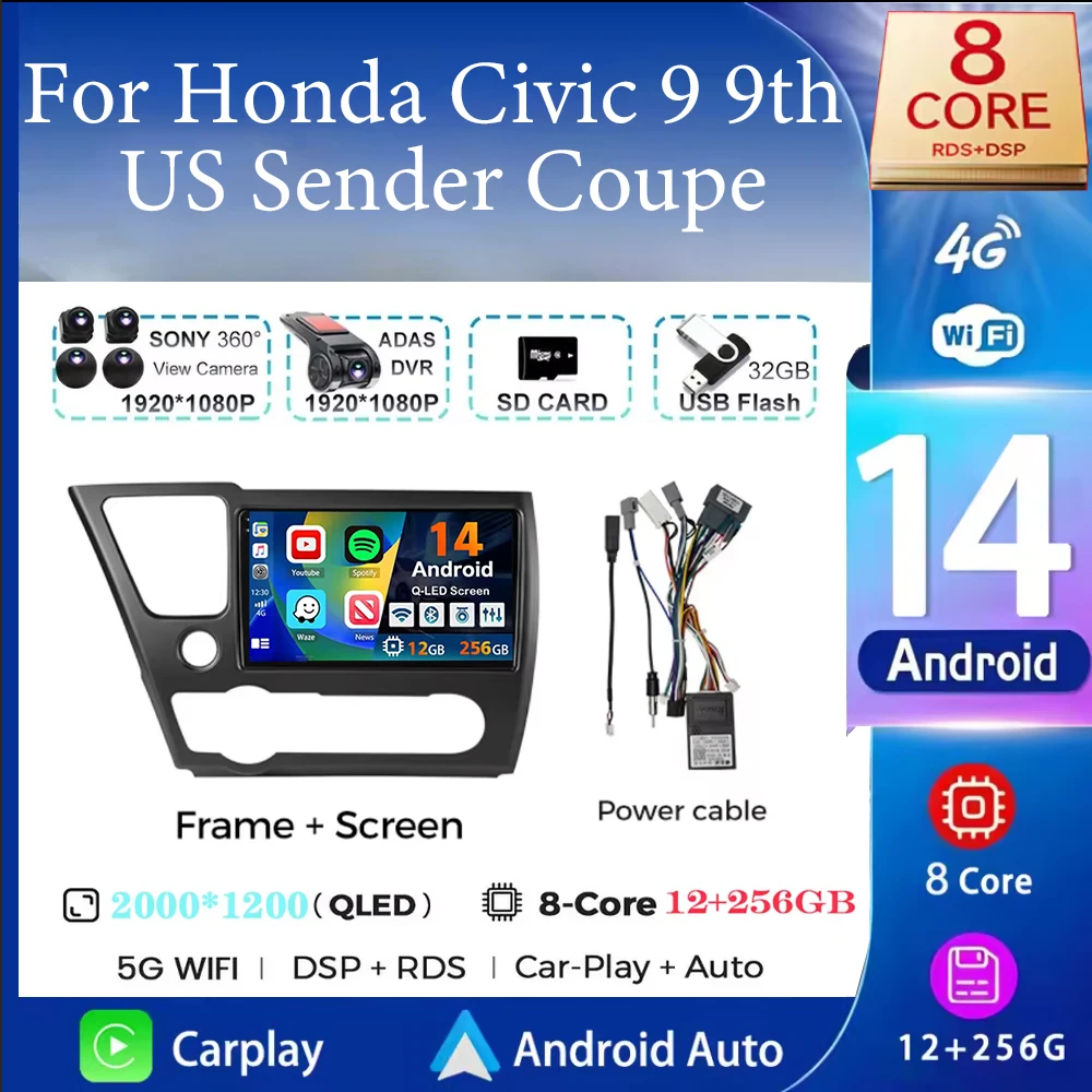 For Honda Civic 9 9th US Sender Coupe  Carplay Auto Android 14 Car Radio Multimedia Video Player Navigation No 2Din 2 Din DVD 4G