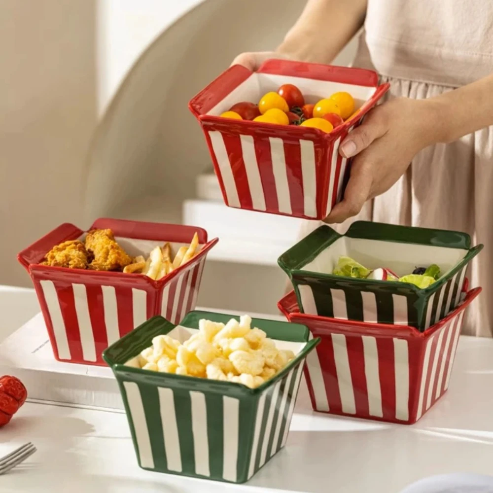 

Креативные полосатые керамические миски, квадратный бытовой контейнер для еды, послеобеденный чай, попкорн, картофель фри, салатни, десертные миски, кухонные принадлежности