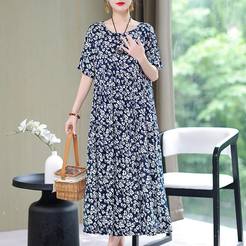 2024 New Elegant Summer Women\'s Round Neck Printed Patchwork Pocket Fashion Versatile Short Sleeve Loose Medium Length Dress