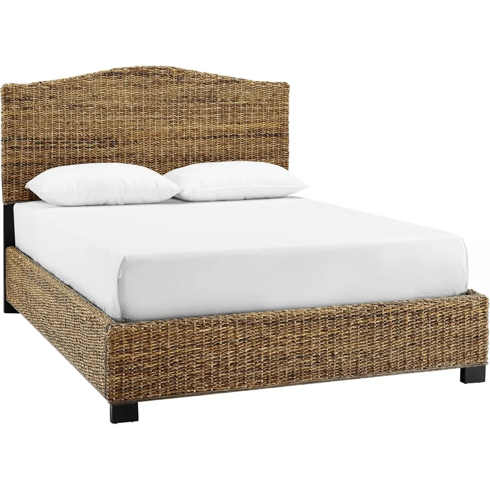 

Platform Bed, Handwoven Natural Fiber Rattan Headboard and Footboard Set