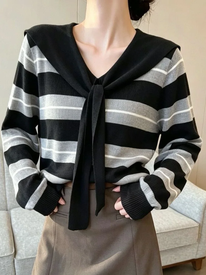 College Style Striped Color Block Knit Sweater Women's Loose V-Neck Belted Long Sleeve Top for Autumn Winter Youthful Fashion