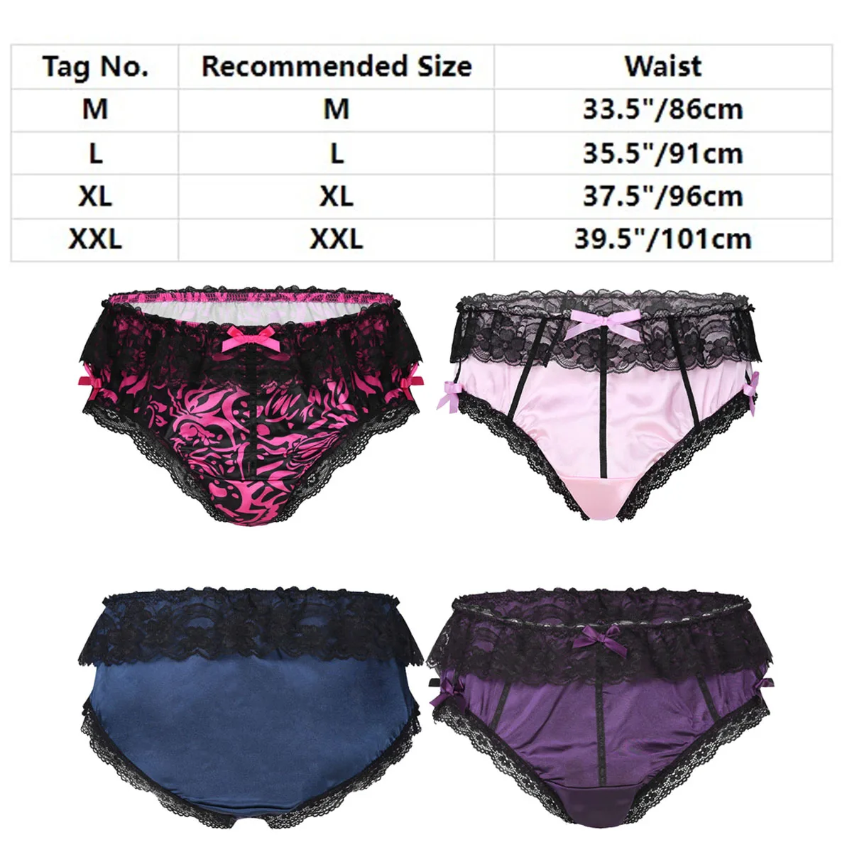 Sissy Gay Male Lingerie Panties Nightwear Sexy Shiny Satin Ruffled Lace Bowknot Crossdress Knickers Bloomers Briefs Underwear