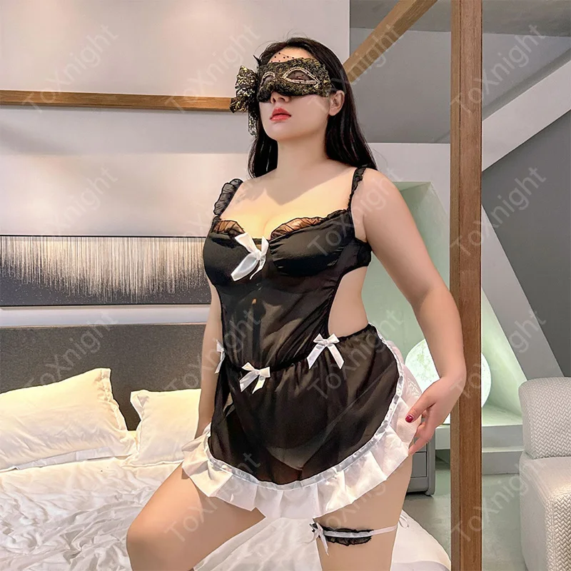 Plus size sexy maid perspective uniform set XXXL bow uniform temptation cosplay sexy lingerie set wholesale 009