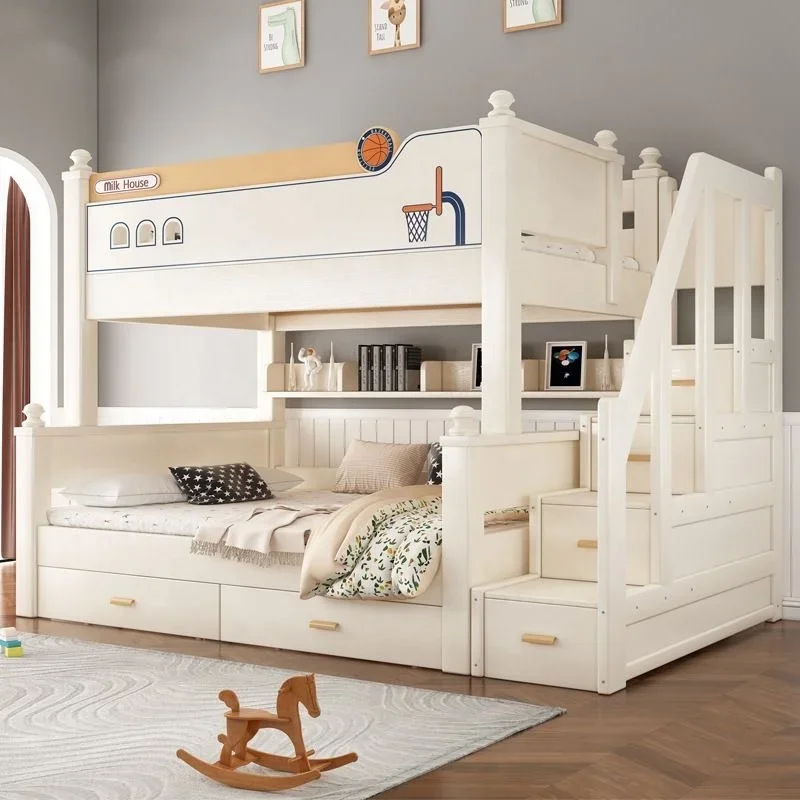 American solid wood bedroom furniture set kids bunk bed double bunk bed with bookshelf and drawer