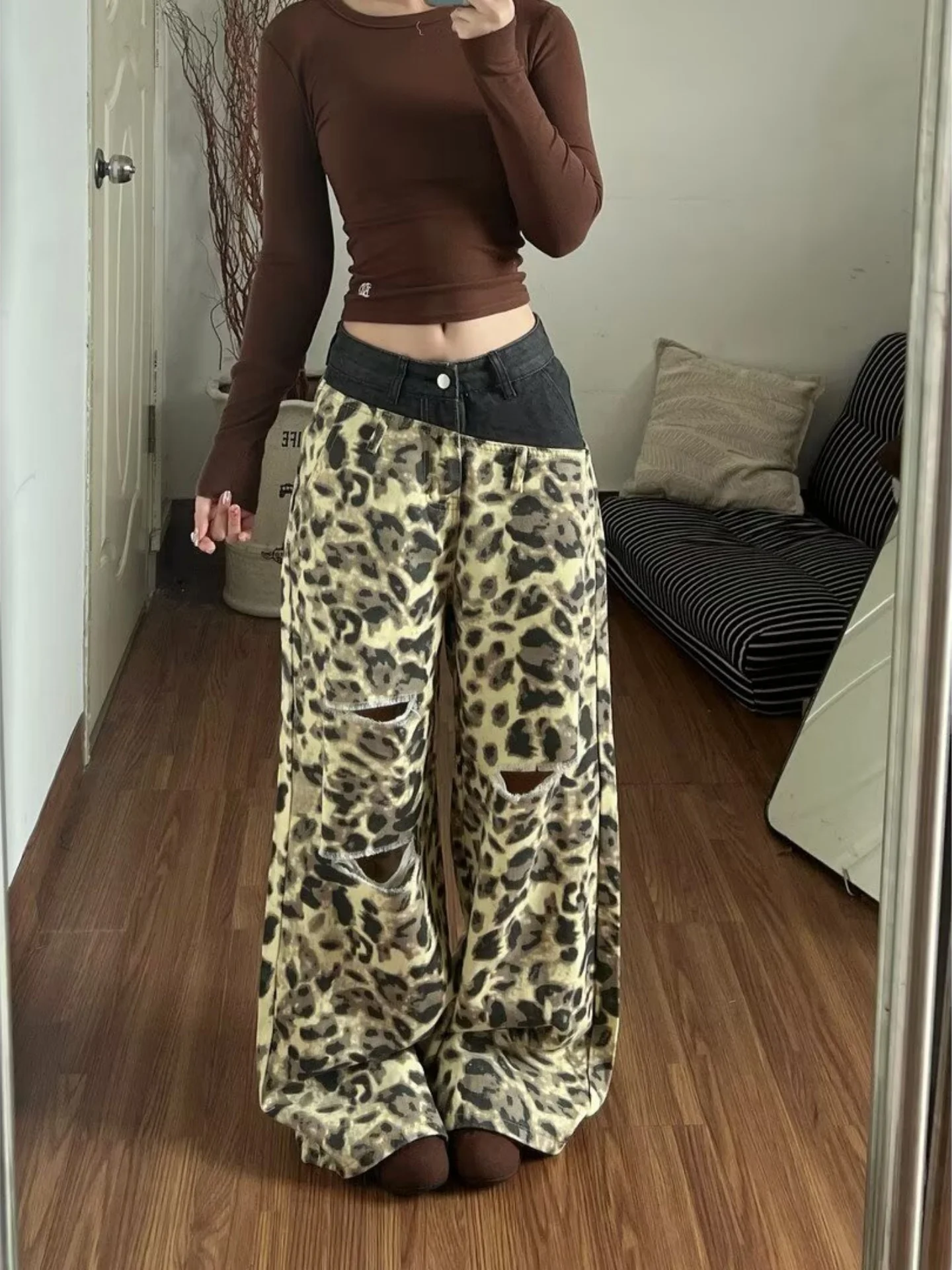 

Retro American Hot Girl Leopard Print Ripped Denim Jeans Men's Summer Double Waist Head Unique Splicing Wide Leg Floor-Length...