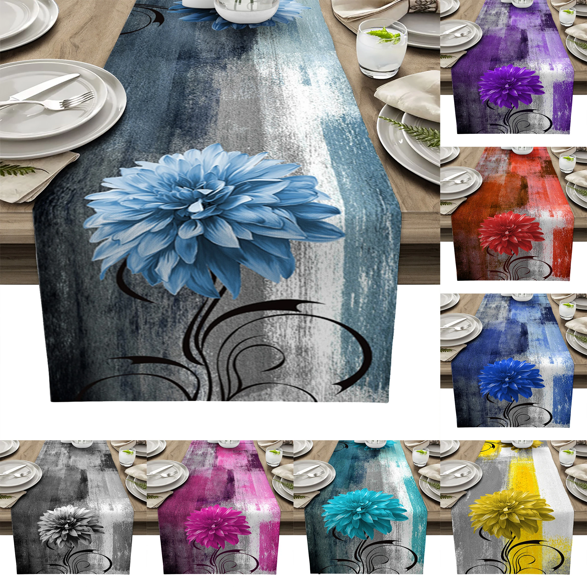 

Dahlia Oil Painting Blue Table Runner Decoration Home Decor Dinner Table Decoration Table Decor