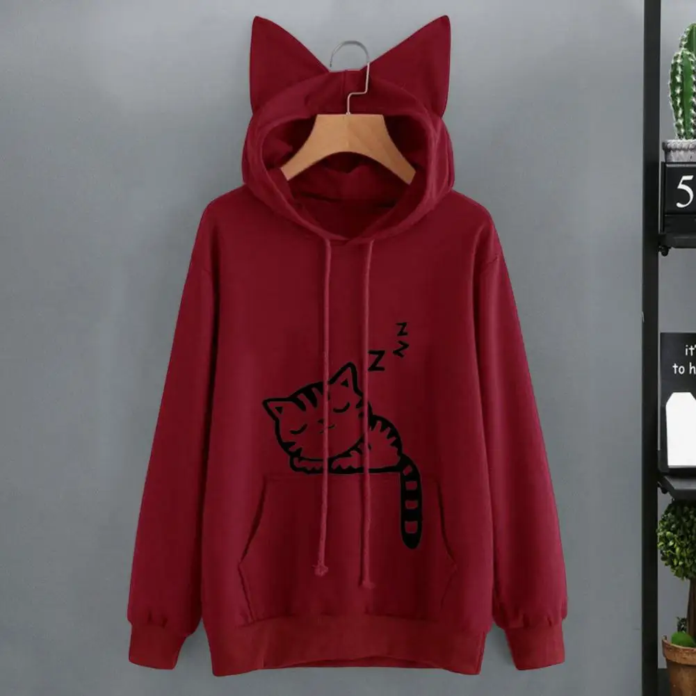 Cute Cat Print Hoodie Cute Cat Ear Hoodie with Big Pocket for Women Cozy Winter Pullover with Kitty Print Loose Fit for Home