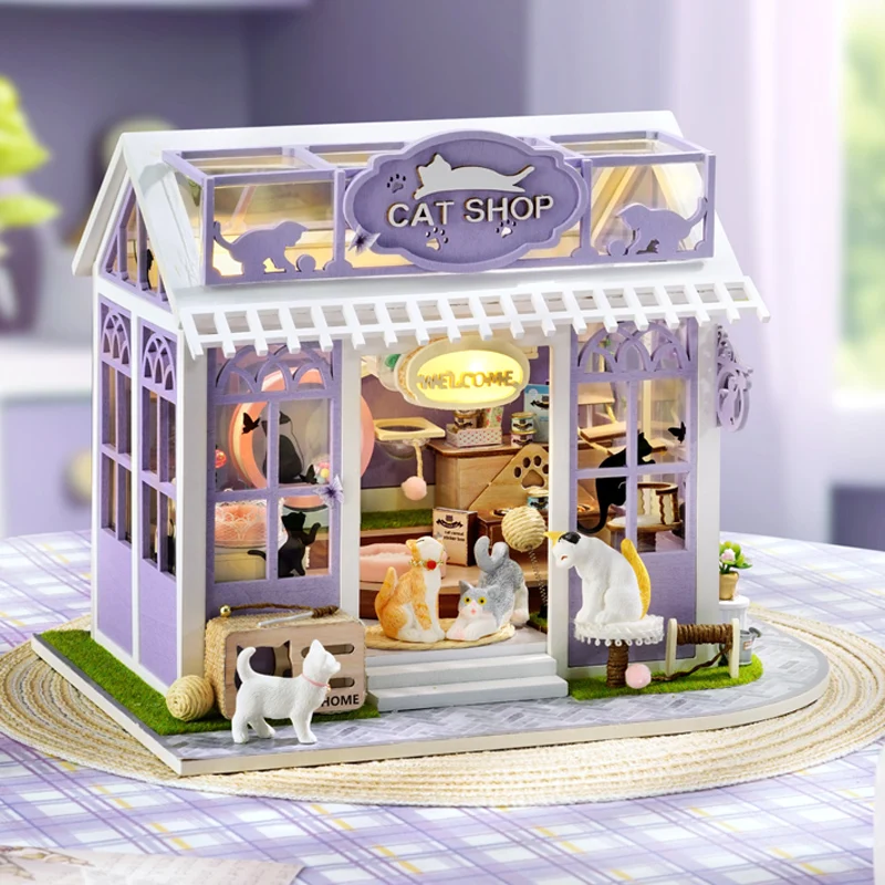 

DIY Wooden Kitten Paradise Cottage Figurines Miniatures Kits Assembled Houses Casa for Friends Birthday Gifts Home Decor Crafts
