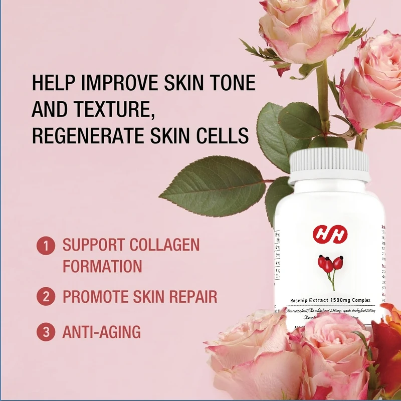 Rose Fruit Extract 1500mg, Collagen Formation Containing Vitamin C&E, with Luminous, Nourishing and Firming Effects, 60 Capsules