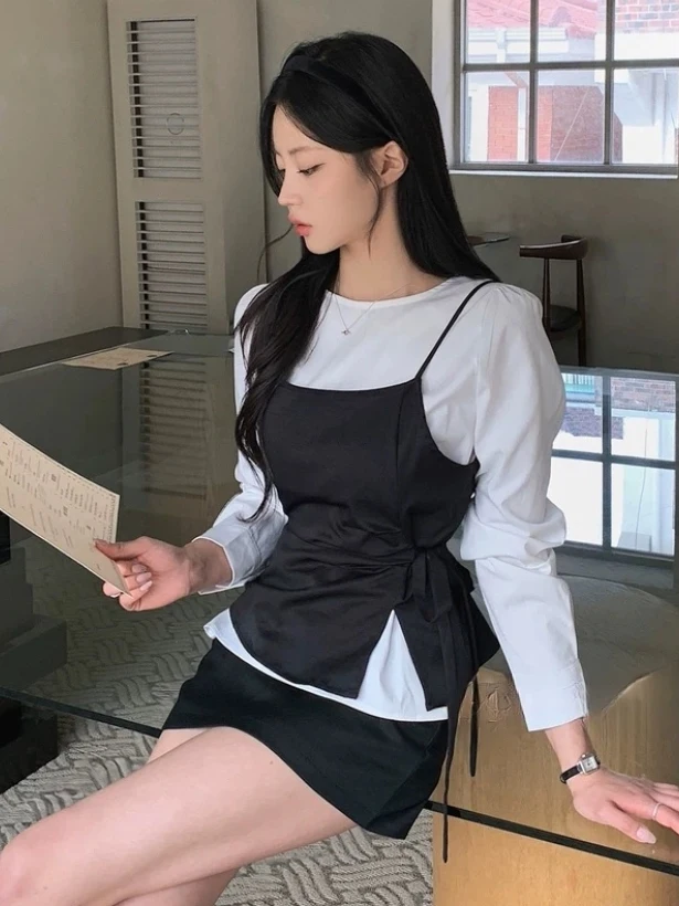 

Spring 2026 Women's Beautiful Long Sve irt Belted Waist Tie Design Breathable Cotton French Sle round Ne Bubble Sve