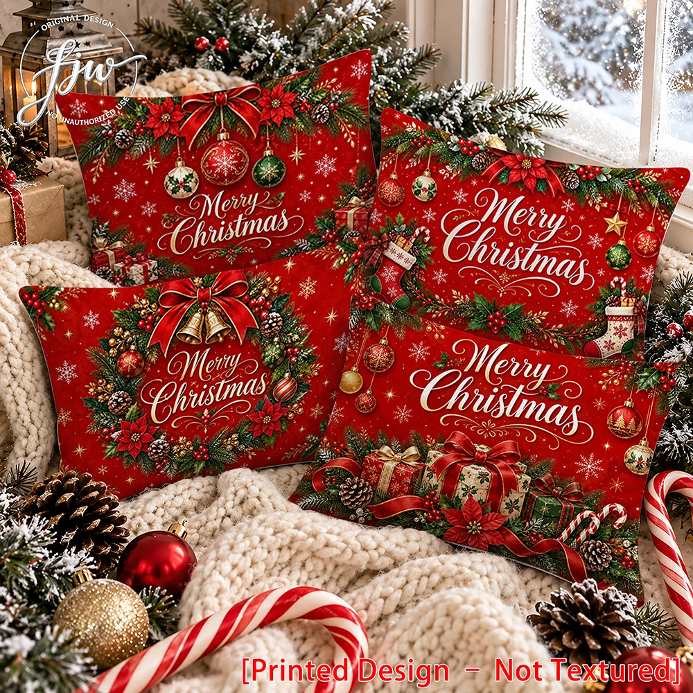 4pc Merry Christmas Lumbar Pillow Covers Red Christmas Decorative Throw Pillow Cases for Holiday Home Sofa Couch Decor