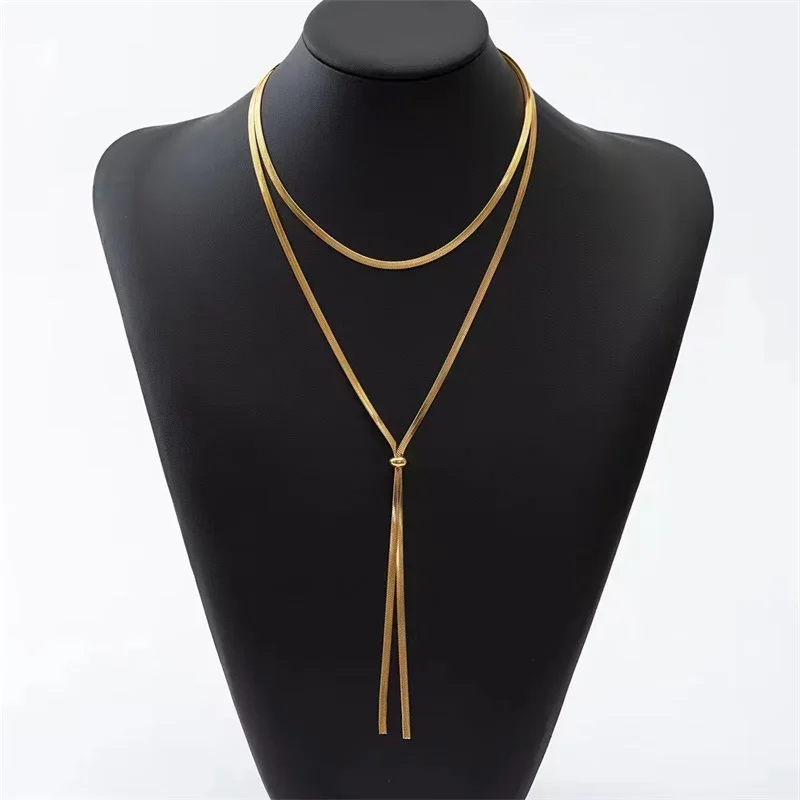 EILIECK 316L Stainless Steel Drawstring Tassel Long Necklace For Women Girl Fashion Gold Color Flat Snake Chain Jewelry Gift