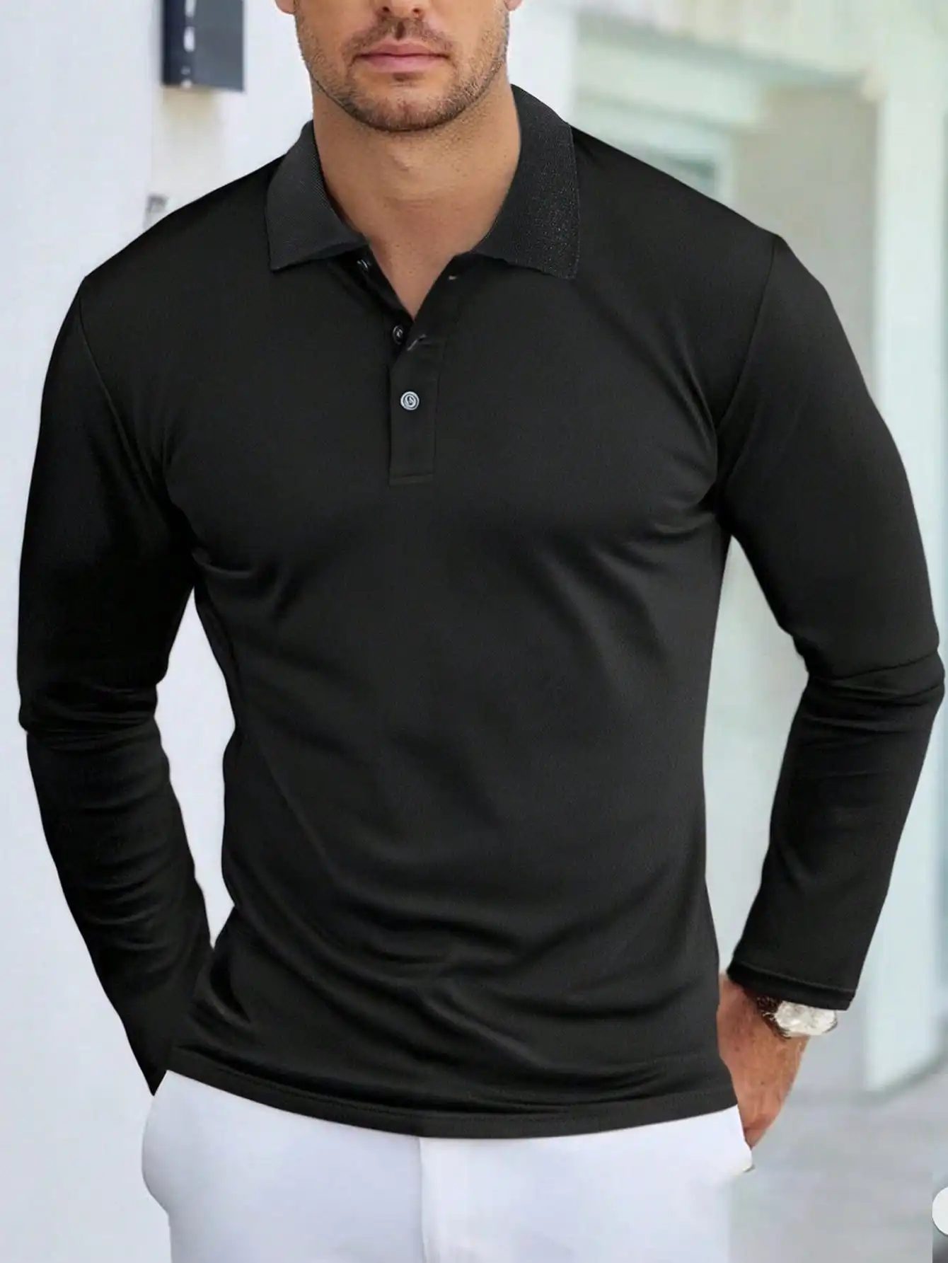

Men's Long Sleeve Slim Fit Polo Shirt with Turn-Down Collar and 3-Button Placket